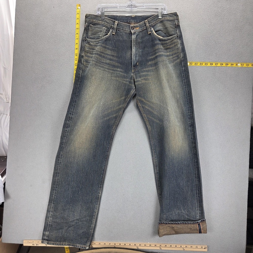 Edwin Jeans Mens 36x34 Blue Selvedge 505Z Whiskers Zip Fly Straight Leg Denim